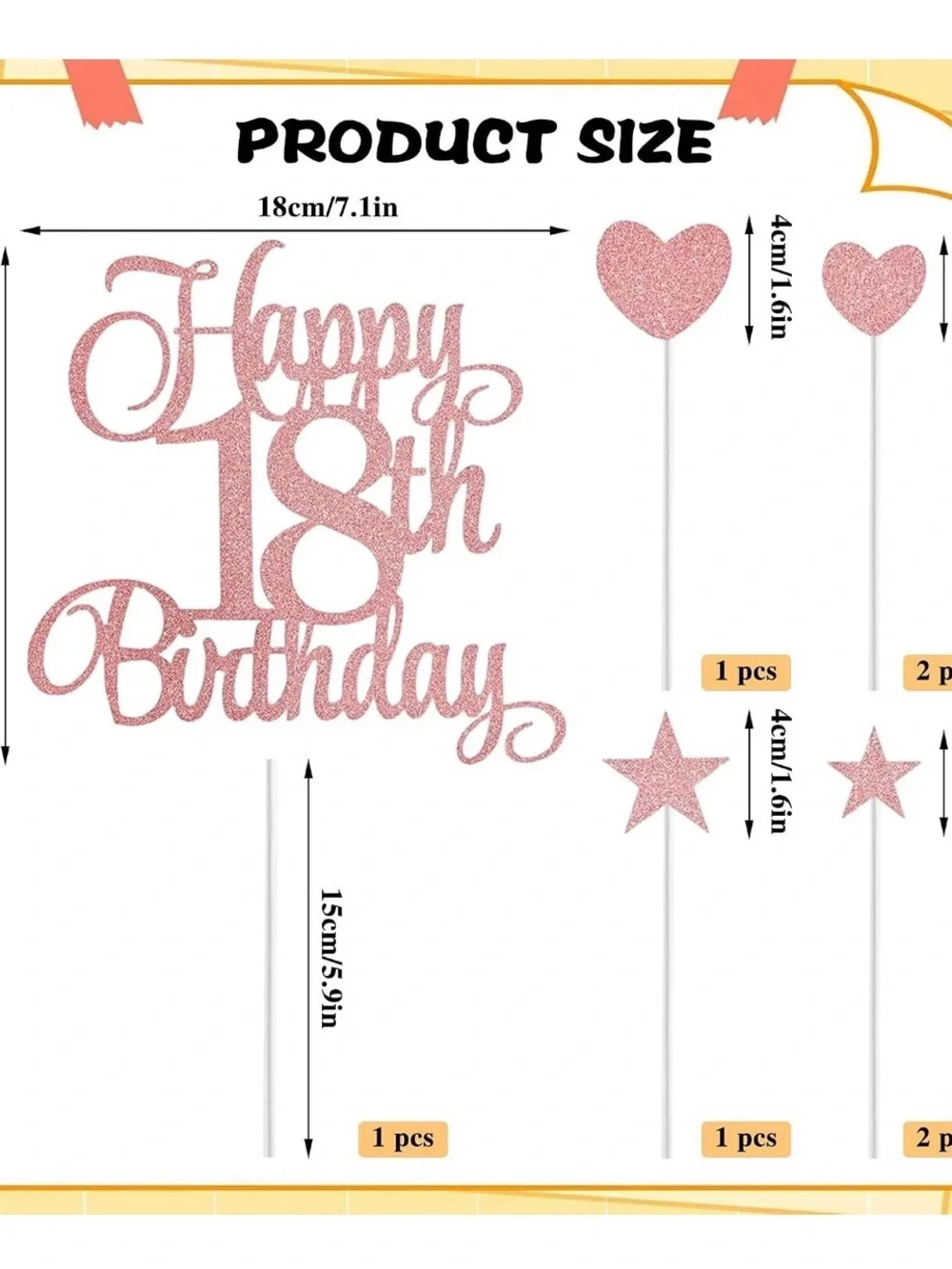 Rose Gold Happy 18th Birthday Cake Topper - Glitter Party Picks